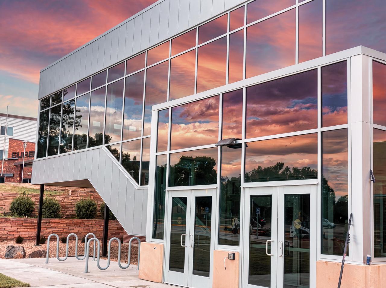 Finished commercial building windows after cleaning