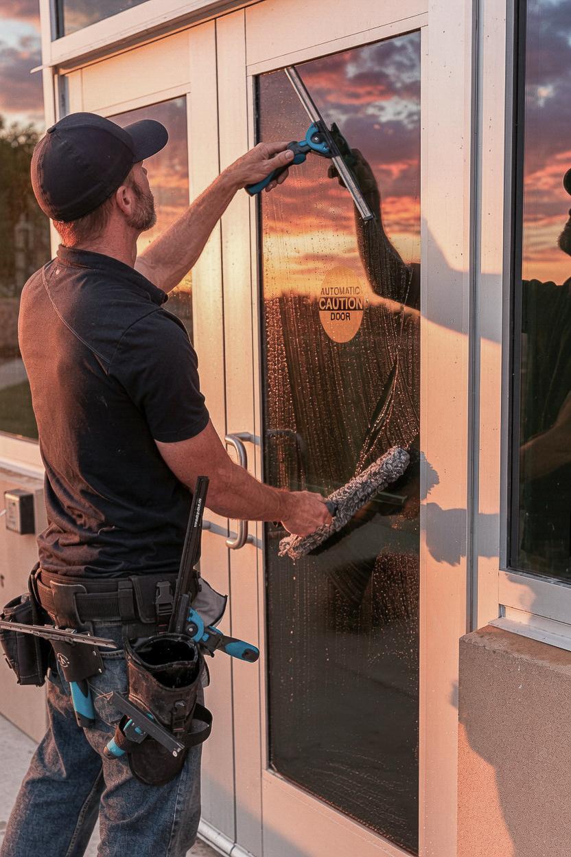 Traditional squeegee cleaning on commercial entrance glass